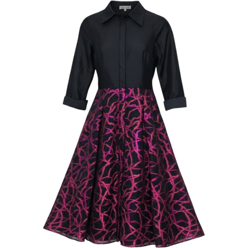 Teri Jon Shirt Dress Womens 8 Black Pink Excellent Metallic Abstract Evening